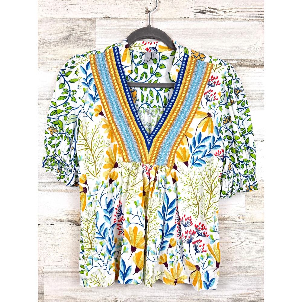 Blank London Womens XS Yellow Blue Floral Blouse Boho Romantic Festival